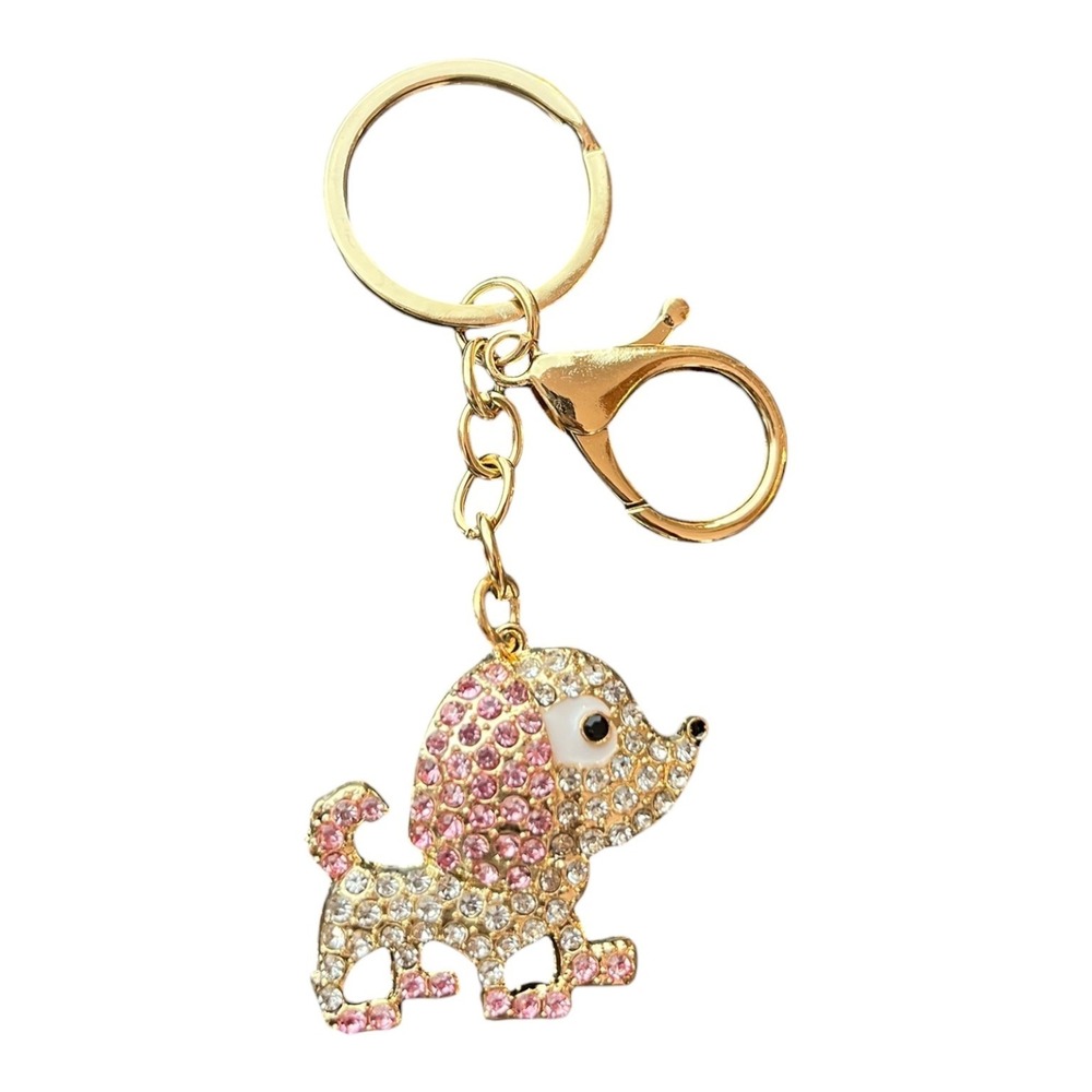 Women's Gold Tone Pink White Rhinestone Crystal Poodle Dog Charm Key Chain 4"
